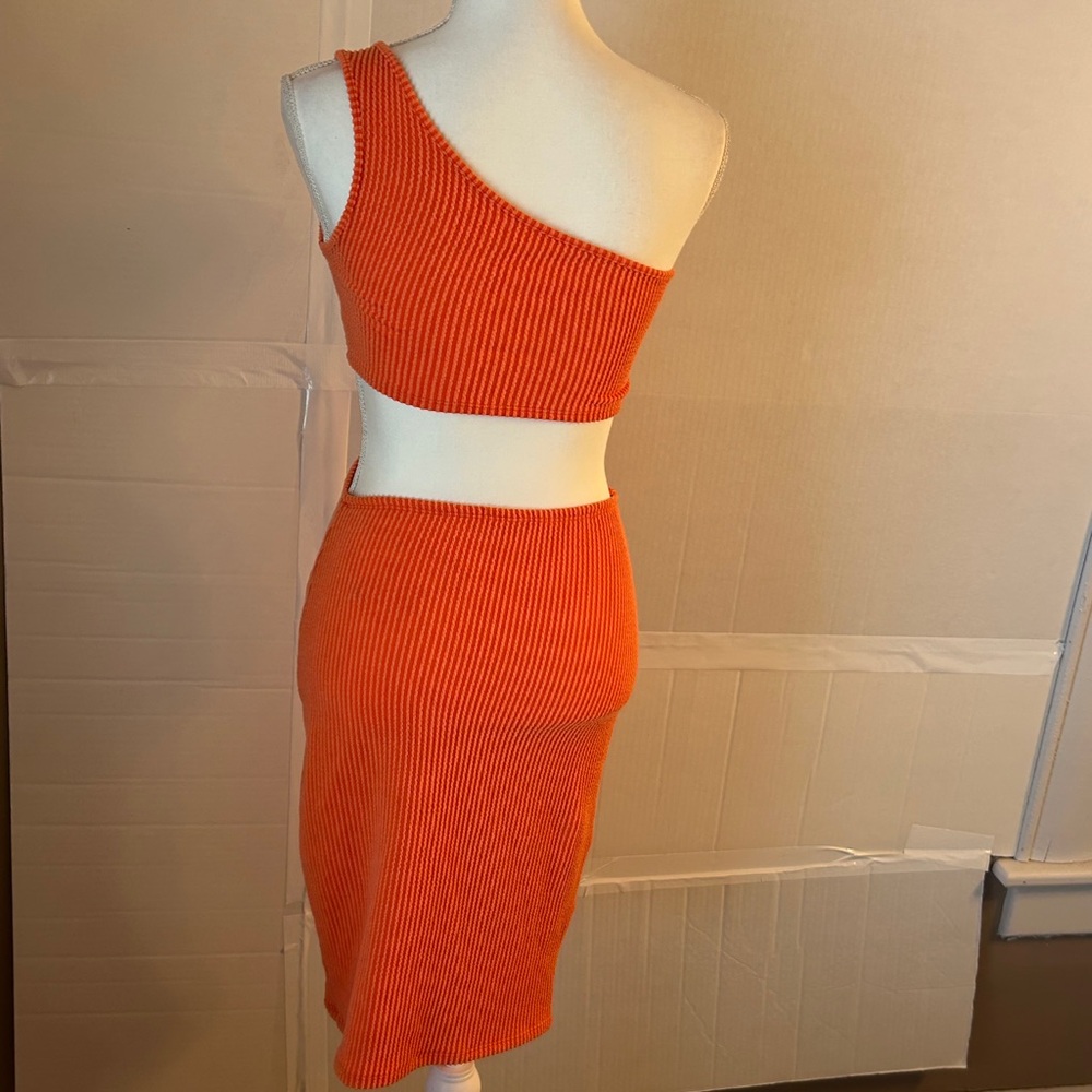 Love J Orange Ribbed One Shoulder Cutout Bodycon Mini Dress. Sz S - Picture 3 of 8